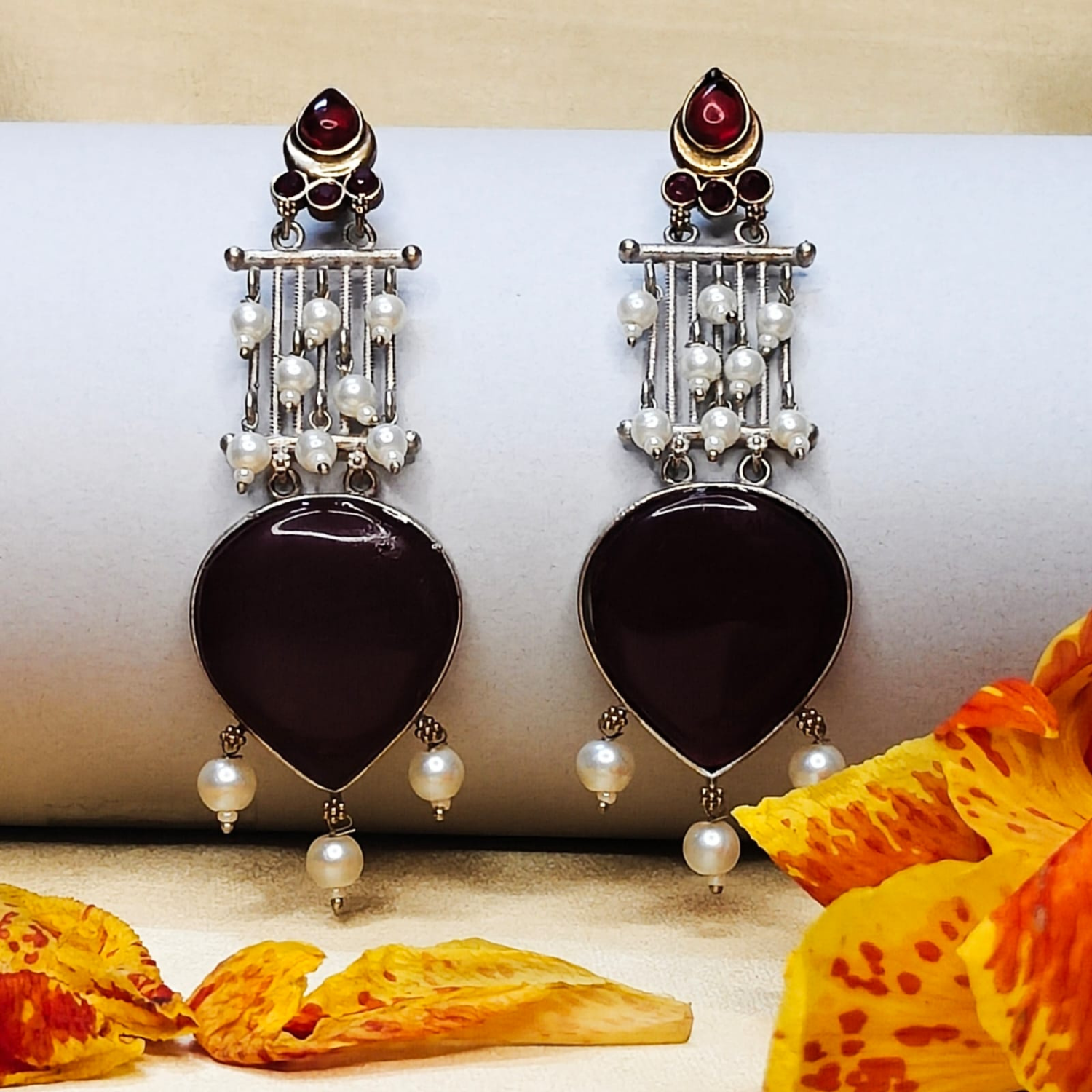 Silver Replica Maroon Red Earrings