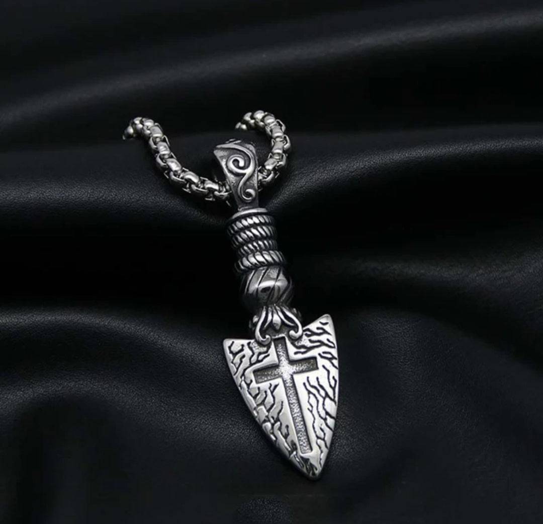 Cool Stainless Steel Mens Christian Arrowhead Cross Pendant Necklace