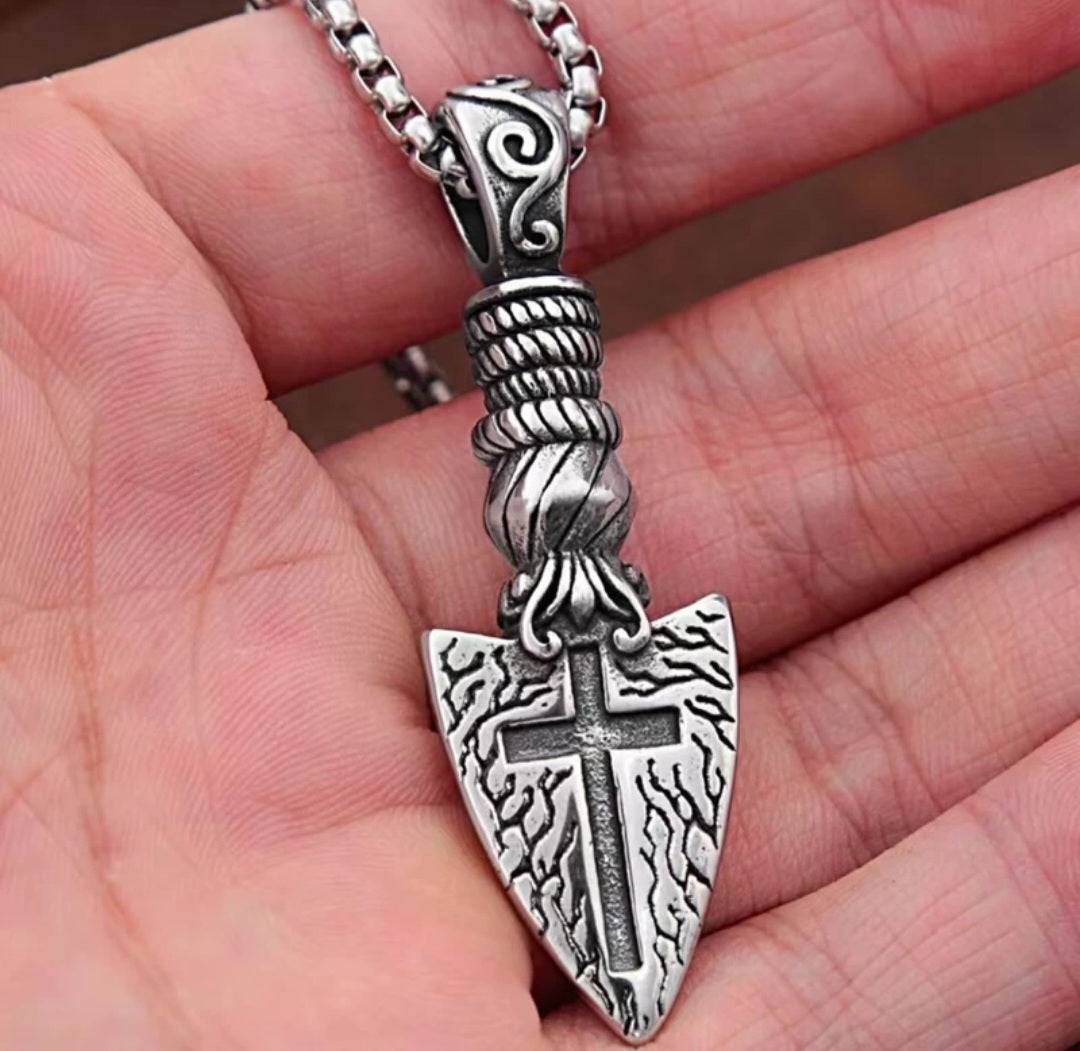 Cool Stainless Steel Mens Christian Arrowhead Cross Pendant Necklace