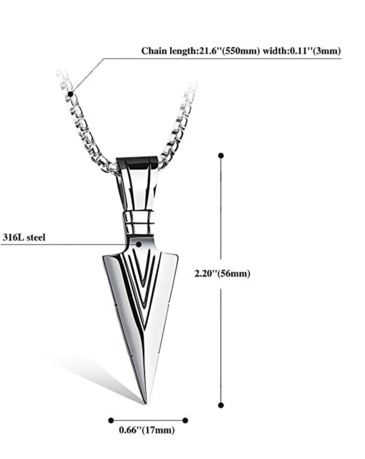 Detailed dimensions of a silver-coated stainless steel arrow pendant with chain, showcasing measurements and material specifications.